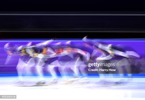 Heather Bergsma, Brittany Bowe and Mia Manganello of the United States skate to a bronze medal during the Speed Skating Ladies' Team Pursuit on day...