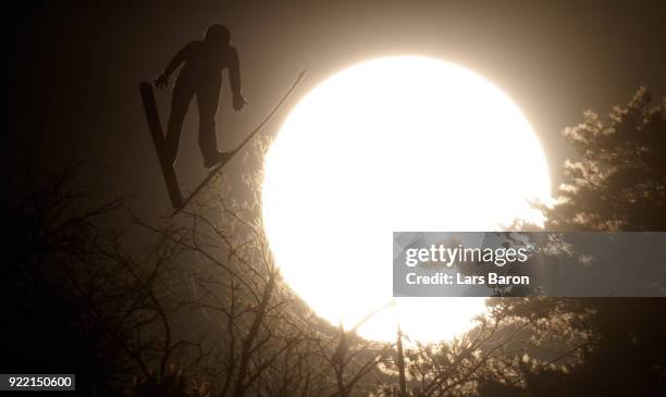 An athlete is seen on the Large Hill during Nordic Combined Individual Gundersen training session on February 21, 2018 in Pyeongchang-gun, South...