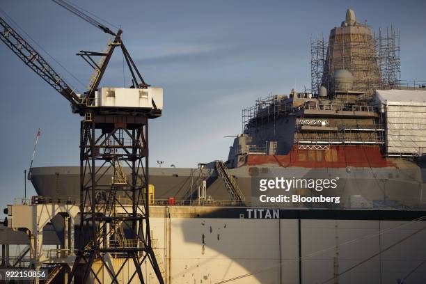 The USS San Antonio sits in dry dock at the BAE Systems Plc Norfolk Ship Repair facility on the Elizabeth River in Norfolk, Virginia, U.S., on...