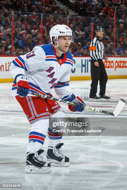 David Desharnais of the New York Rangers skates against the Ottawa Senators at Canadian Tire Centre on February 17, 2018 in Ottawa, Ontario, Canada.