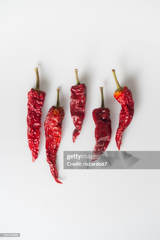 Close-Up Of Dry Red Chili Pepper Against White Background