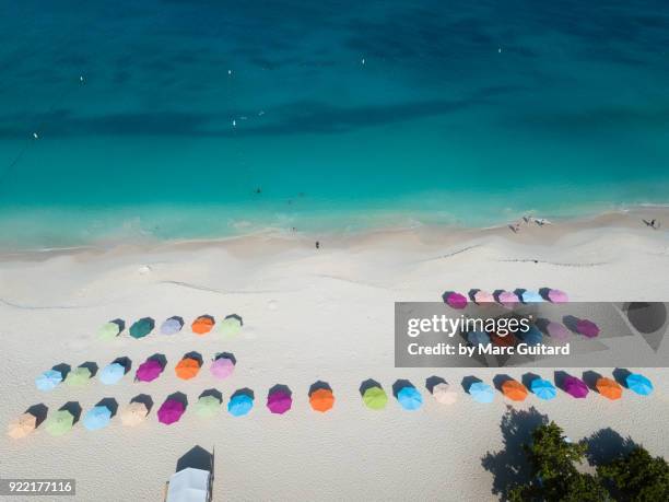 colourful umbrellas at eagle beach, aruba - palm beach aruba stockfoto's en -beelden