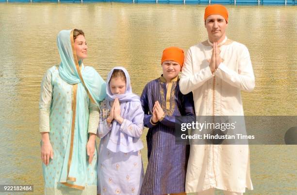 Canadian Prime Minister Justin Trudeau and his wife Sophie Gregoire Trudeau with their son Xavier and daughter Ella-Grace paying obeisance, on...