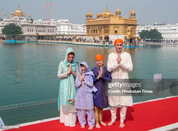 Canadian Prime Minister Justin Trudeau and his wife Sophie Gregoire Trudeau with their son Xavier and daughter Ella-Grace paying obeisance, on...