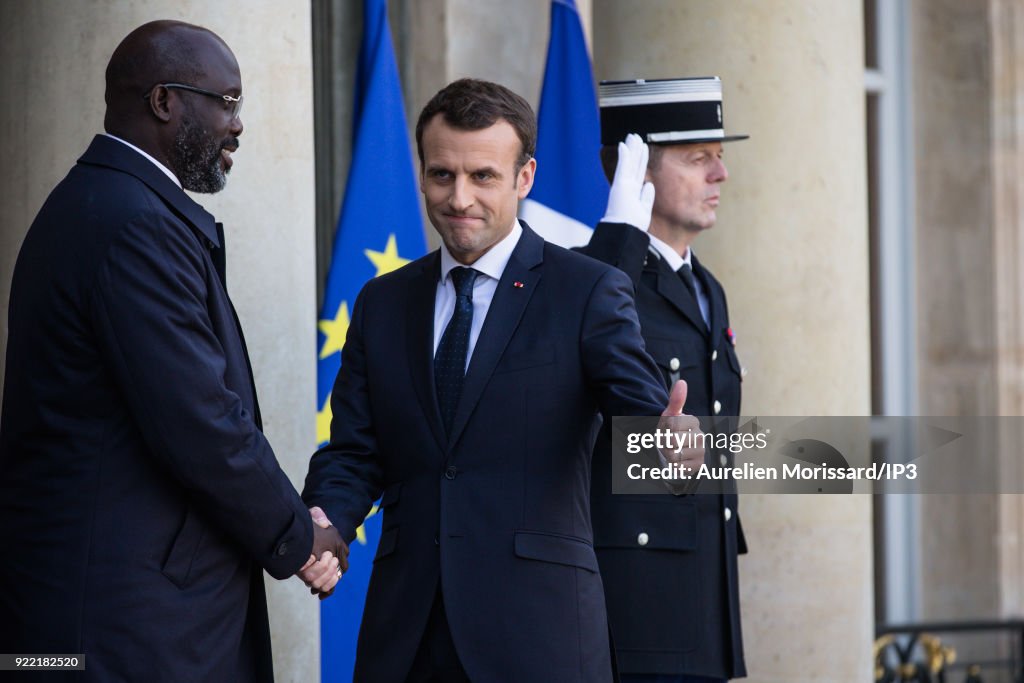 French President Emmanuel Macron Receives George Weah, President Of Liberia At Elysee Palace In Paris