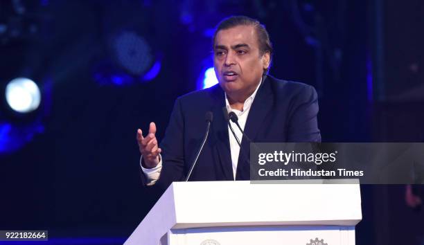 Reliance Industries chairman Mukesh Ambani speaking at the inaugural session of the UP Investors' Summit - 2018 at the Indira Gandhi Pratishthan, on...