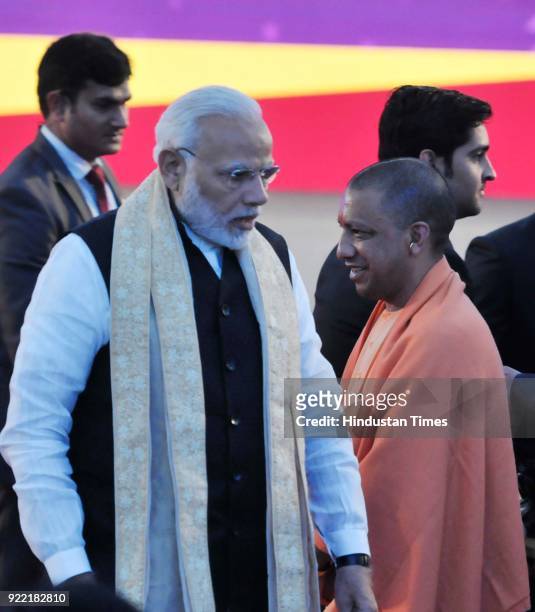 Prime Minister Narendra Modi and Uttar Pradesh Chief Minister Yogi Adityanath at the inaugural session of the UP Investors' Summit - 2018 at the...
