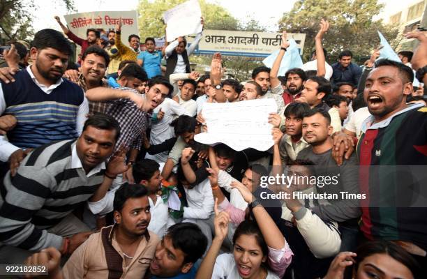 Indian Youth Congress activists' demonstration against the AAP Government in Delhi for allegedly man handing Delhi Chief Secretary Anshu Prakash, at...