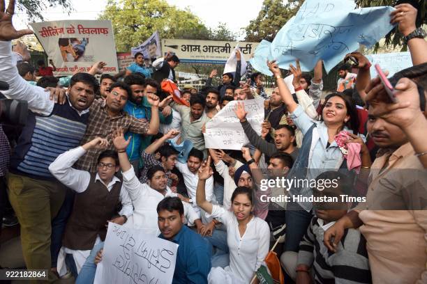 Indian Youth Congress activists' demonstration against the AAP Government in Delhi for allegedly man handing Delhi Chief Secretary Anshu Prakash, at...