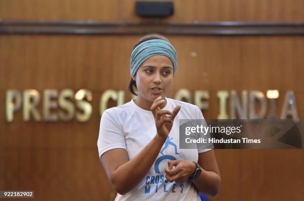 Srishti Bakshi, founder of CrossBow Miles at Press Club of India, on February 21, 2018 in New Delhi, India. She has embarked on a 3,800-kilometre...