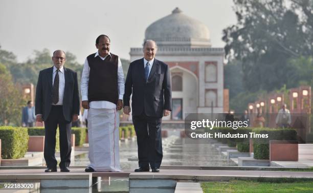 Vice President M. Venkaiah Naidu, Delhi Lieutenant Governor Anil Baijal with Prince Shah Karim Al Hussaini during the inauguration of Sunder nursery...