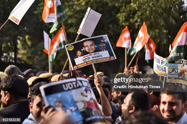 Indian Youth Congress activists and workers scuffle with police during a protest march against Finance Minister Arun Jaitley and Punjab National Bank...