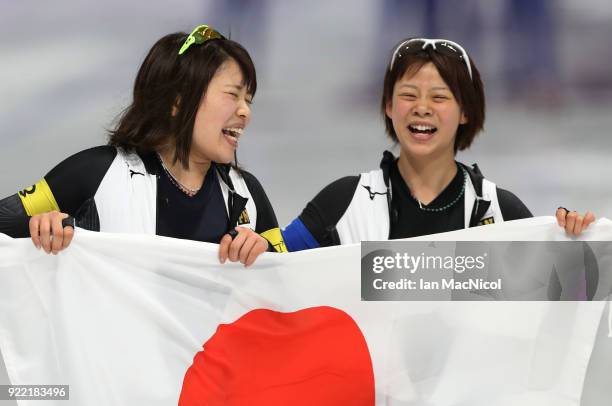 The Japan team celebrate after defeating Netherlands in the final of the Women's Team Pursuit at Gangneung Oval on February 21, 2018 in Gangneung,...