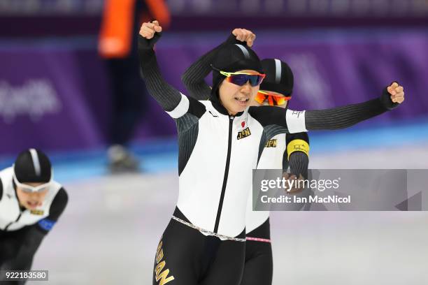 Miho Takagi of Japan celebrates after defeating Netherlands in the final of the Women's Team Pursuit at Gangneung Oval on February 21, 2018 in...