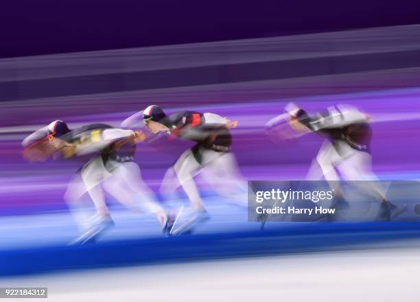 Jonathan Garcia, Brian Hansen and Emery Lehman of the United State compete during the Speed Skating Men's Team Pursuit on day 12 of the PyeongChang...