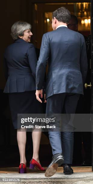 British Prime Minister Theresa May greets Prime Minister of the Netherlands Mark Rutte outside Downing Street on February 21, 2018 in London,...