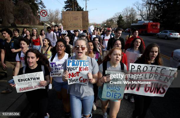 Students from Montgomery Blair High School march down Colesville Road in support of gun reform legislation February 21, 2018 in Silver Spring,...