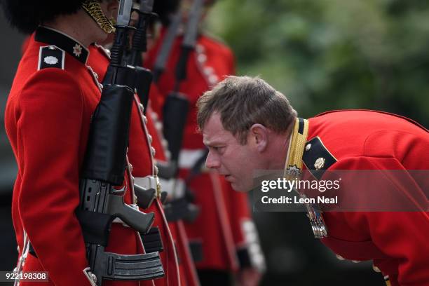 Soldiers from the 1st Battalion Coldstream Guards are given last minute checks before they take part in the annual Major General's Inspection at...