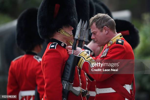 Soldiers from the 1st Battalion Coldstream Guards are given last minute checks before they take part in the annual Major General's Inspection at...
