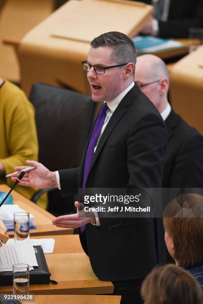 Finance secretary Derek Mackay addresses the Scottish Parliament during final stage of Scottish Budget on February 21, 2018 in Edinburgh, Scotland....