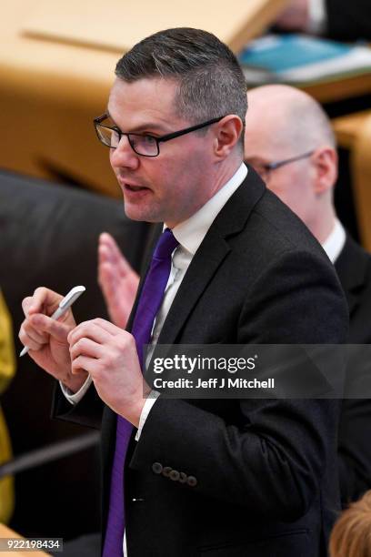 Finance secretary Derek Mackay addresses the Scottish Parliament during final stage of Scottish Budget on February 21, 2018 in Edinburgh, Scotland....