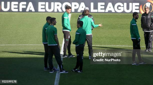 Sporting team walks on the pitch in Lisbon on February 21, 2018 on the eve of the UEFA Europa League round of 32 second leg football match between...