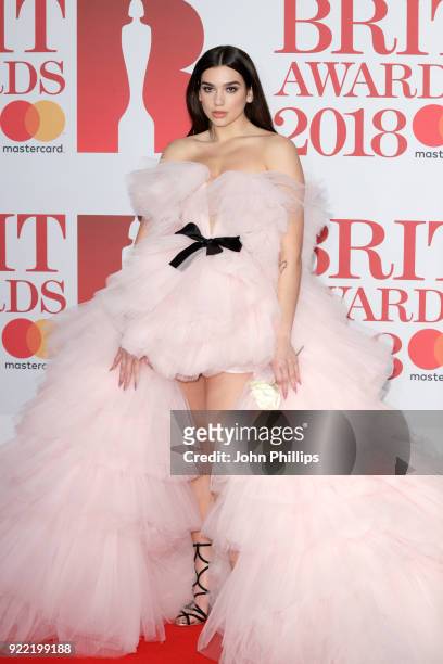 Singer Dua Lipa attends The BRIT Awards 2018 held at The O2 Arena on February 21, 2018 in London, England.