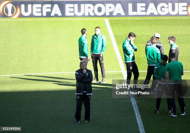 Sporting's coach Jorge Jesus walks on the pitch in Lisbon on February 21, 2018 on the eve of the UEFA Europa League round of 32 second leg football...