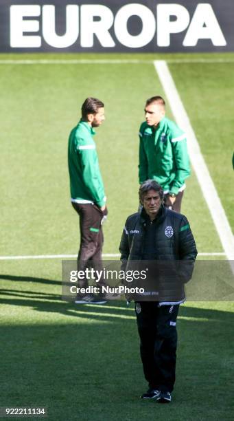 Sporting's coach Jorge Jesus walks on the pitch in Lisbon on February 21, 2018 on the eve of the UEFA Europa League round of 32 second leg football...