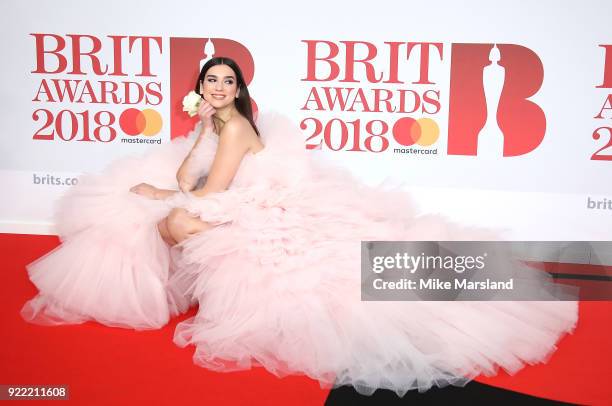 Dua Lipa attends The BRIT Awards 2018 held at The O2 Arena on February 21, 2018 in London, England.