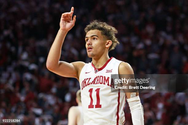 Trae Young of the Oklahoma Sooners takes to the court before the game against the Texas Longhorns at Lloyd Noble Center on February 24, 2018 in...