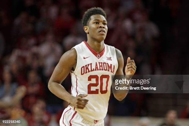 Kameron McGusty of the Oklahoma Sooners runs down court against the Texas Longhorns at Lloyd Noble Center on February 24, 2018 in Norman, Oklahoma....