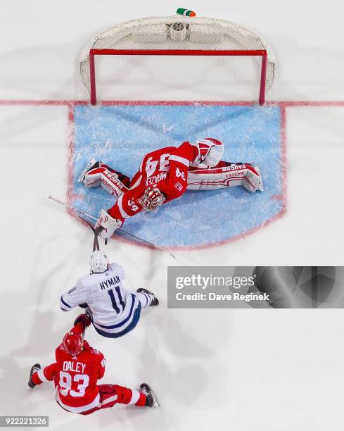 Petr Mrazek of the Detroit Red Wings makes a save as teammate Trevor Daley defends against Zach Hyman of the Toronto Maple Leafs during an NHL game...