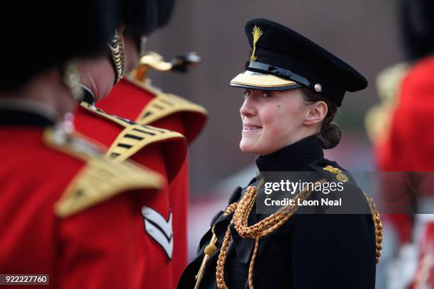 Captain Bethan Waters inspects soldiers from the 1st Battalion Coldstream Guards as they take part in the annual Major General's Inspection at...