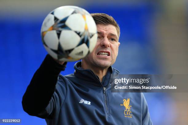 Liverpool coach Steven Gerrard looks on during the UEFA Youth League Round of 16 match between Liverpool and Manchester United at Prenton Park on...