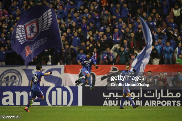 Fredy Guarin of Shanghai Shenhua FC celebrates a point during the AFC Champions League Group H match between Shanghai Shenhua FC and Sydney FC at the...