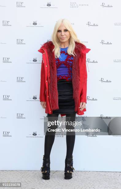 Donatella Versace attends 'Italiana. L'Italia Vista Dalla Moda 1971-2001' exhibition preview during Milan Fashion Week Fall/Winter 2018/19 at Palazzo...