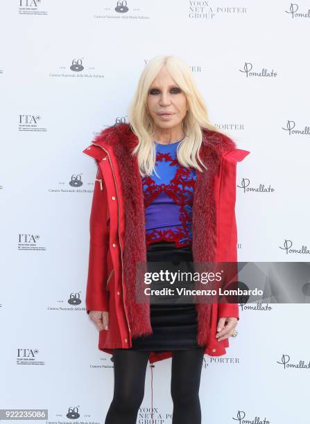 Donatella Versace attends 'Italiana. L'Italia Vista Dalla Moda 1971-2001' exhibition preview during Milan Fashion Week Fall/Winter 2018/19 at Palazzo...