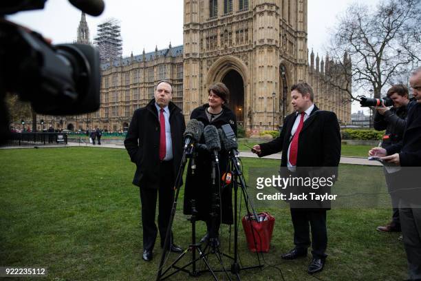 Democratic Unionist Party Leader Arlene Foster and Deputy Leader Nigel Dodds make a statement on College Green in Westminster on February 21, 2018 in...