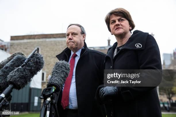 Democratic Unionist Party Leader Arlene Foster and Deputy Leader Nigel Dodds make a statement on College Green in Westminster on February 21, 2018 in...