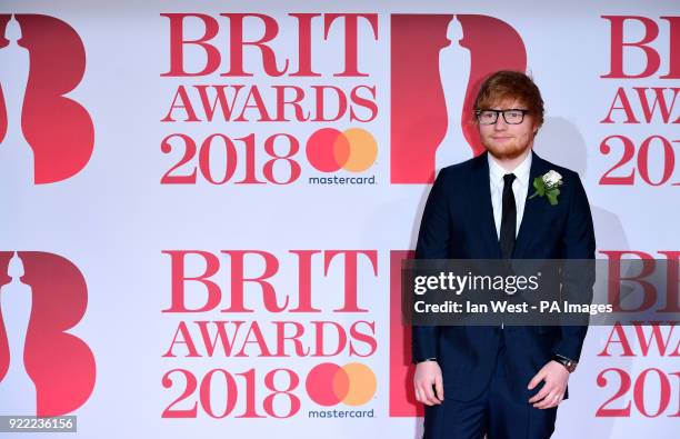 Ed Sheeran attending the Brit Awards at the O2 Arena, London.