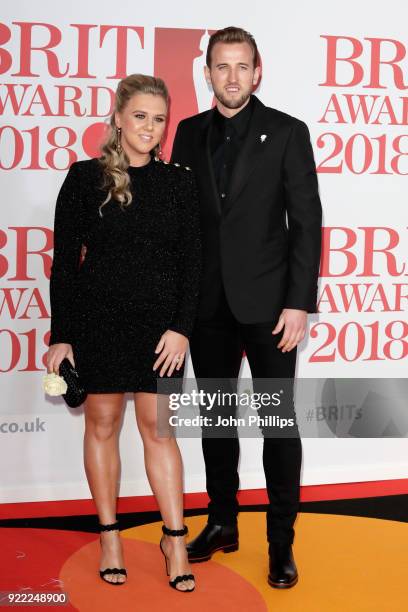 Harry Kane and Katie Goodland attend The BRIT Awards 2018 held at The O2 Arena on February 21, 2018 in London, England.