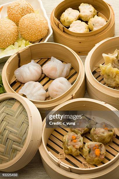 dimsum mix with hagao shumai and sesam balls - dim sum meal stock pictures, royalty-free photos & images