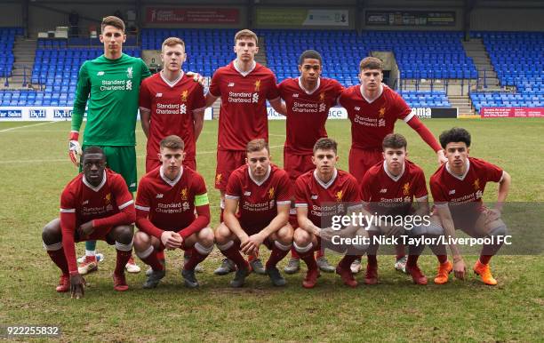 The Liverpool team pose for a photo at the start of the Liverpool v Manchester United UEFA Youth League game at Prenton Park on February 21, 2018 in...