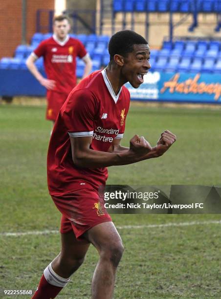 Elijah Dixon-Bonner of Liverpool celebrates at the final whistle at the end of the Liverpool v Manchester United UEFA Youth League game at Prenton...