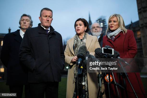 Sinn Fein President Mary Lou McDonald , Vice President Michelle O'Neill and senior party member Conor Murphy make a statement on College Green in...