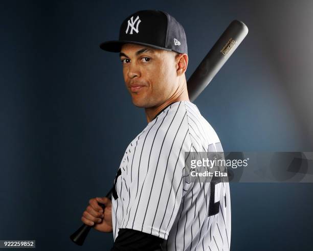 Giancarlo Stanton of the New York Yankees poses for a portrait during the New York Yankees photo day on February 21, 2018 at George M. Steinbrenner...