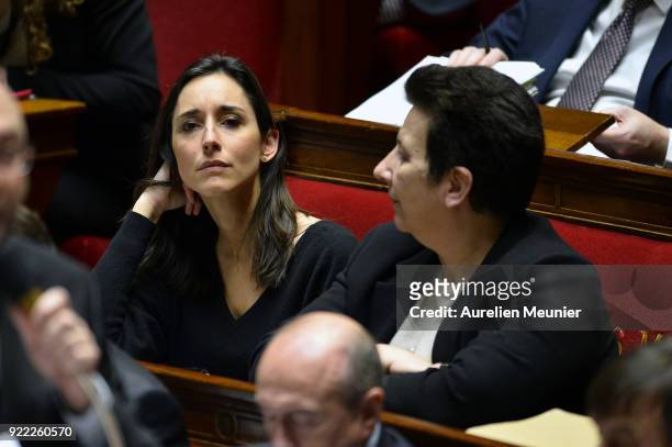 French junior minister Brune Poirson reacts as Ministers answer deputies questions during a session of questions to the government at Assemblee...