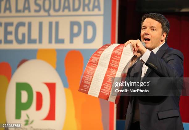 Secretary of the Democratic Party Matteo Renzi during his campaign for national political elections at Vittorio Emanuele Theatre on February 21, 2018...