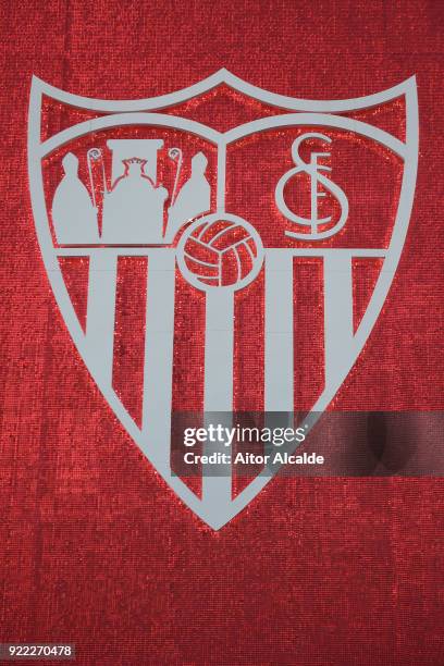 The Seville badge is seen on the outside of the stadium before the UEFA Champions League Round of 16 First Leg match between Sevilla FC and...